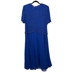 Vintage Brilliante by J.A. Beaded Dress Royal Blue Chiffon & Sequins 1X